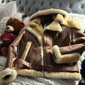 ✨CUSTOM NWOT MENS GENUINE LEATHER & SHEARLING COAT✨DETACHABLE HOOD🔥SIZE 3XL🔥